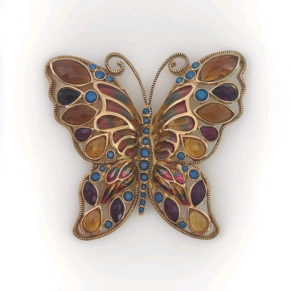 Vtg Signed Monet Butterfly Brooch Pin Plique A Jour Multicolor Enamel Faceted